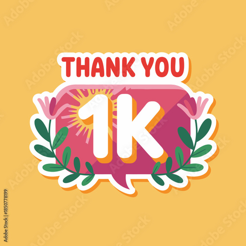 A colorful and cheerful graphic featuring the words 'Thank You' and '1K' with floral accents, perfect for expressing gratitude for achieving a significant milestone.