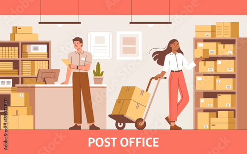 A contemporary post office illustration featuring staff members organizing packages and parcels, embodying the essence of community service and efficiency in everyday life.