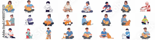 A collection of diverse illustrations showing owners lovingly grooming and brushing their pet cats, symbolizing routine care and affection.
