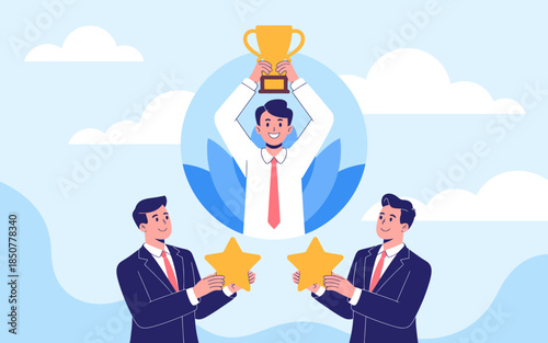 In a lively scene, a triumphant individual holds a trophy high above, accompanied by supportive peers celebrating success, embodying teamwork and the joy of accomplishment.