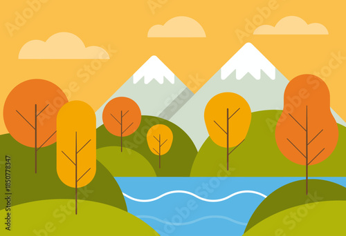 A peaceful autumn landscape featuring colorful trees, a flowing river, and majestic mountains capturing the beauty of nature in vibrant hues during fall season.