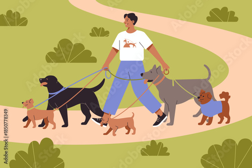 This lively illustration shows a person walking multiple dogs in a scenic park, highlighting the joy of companionship and the beauty of outdoor activities with beloved pets.