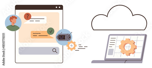 Chat window with user and support messages, automation icon, laptop with cogwheel, cloud behind. Ideal for technology, communication, automation, technical support, cloud storage software