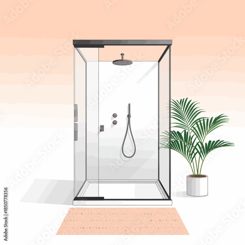This minimalist illustration showcases a sleek, modern shower stall framed by a stylish plant, emphasizing cleanliness, relaxation, and contemporary bathroom aesthetics.