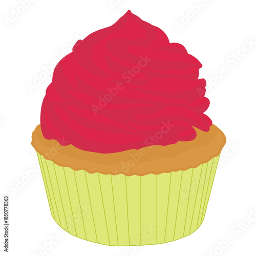 Delicious cupcake with bright red raspberry frosting and yellow liner, hand-drawn vector illustration isolated on white background.