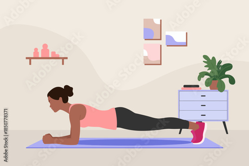 A determined woman is shown in an effective plank exercise, showcasing fitness and strength in a cozy home gym environment filled with motivational decor and plants.