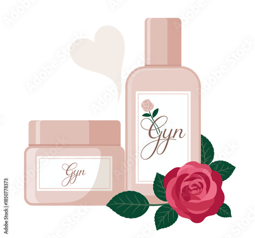 A visually appealing display of skincare products elegantly presented with a rose, symbolizing beauty and self-care, perfect for cosmetics and wellness branding.