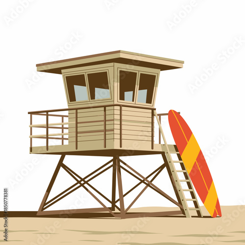 A functional lifeguard station stands overlooking a serene beach, emphasizing safety and summer fun by the ocean. This image reflects vacation, leisure, and coastal activities.