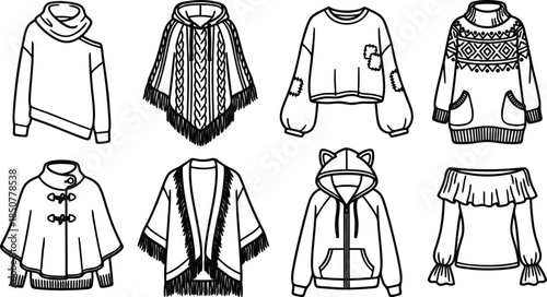 Collection of various winter clothing items for fashion and design