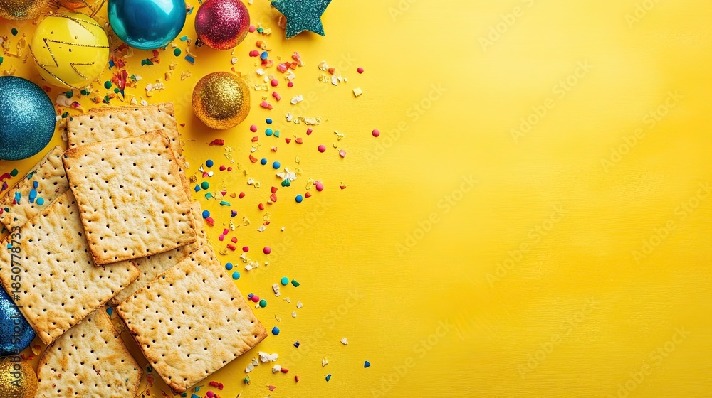 Fototapeta premium Festive purim celebration with matzah crackers, colorful confetti, and shiny ornaments scattered on a vibrant yellow background, top down view