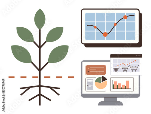 Plant with roots and leaves beside analytics screens, highlights growth, data, trends, strategy. Ideal for business, sustainability, ecology progress planning innovation teamwork. Simple flat