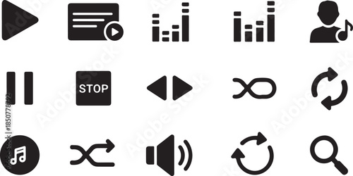 Black media player control icon set