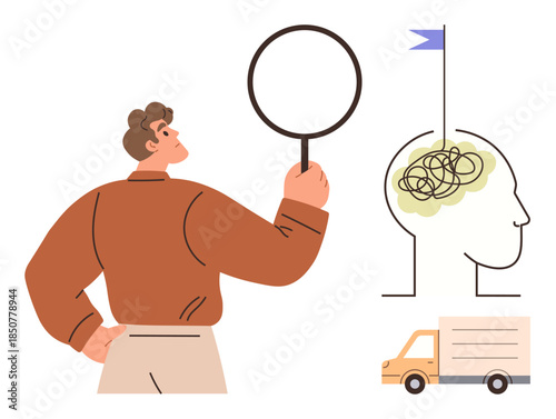Man holding magnifying glass, focusing on tangled brain inside a head, alongside a delivery truck. Ideal for problem-solving, analysis, creativity, logistics, mental health, teamwork self-awareness