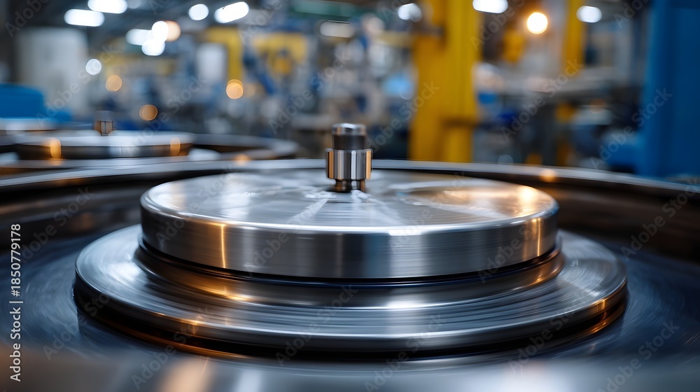 Fototapeta premium Close up of a spinning metallic industrial component in a modern factory setting with blurred background