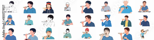 Diverse people enjoying sushi set in various illustrated scenes, depicting eating Japanese food with chopsticks in a collection of flat and line art styles.