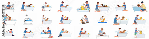 Collection of vector illustrations showing owners bathing and grooming their dogs in a bathtub, using soap, sponges, and shower heads.