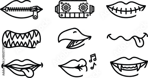 various cartoon mouths and lips with different expressions  simple line drawings
