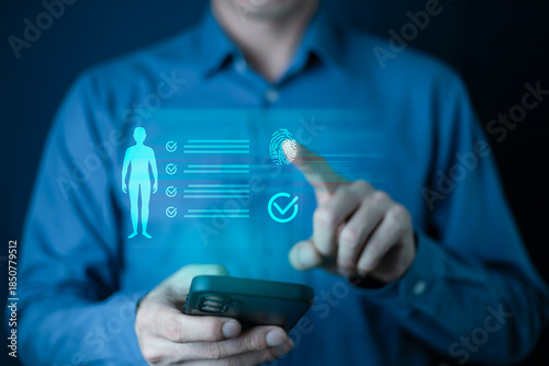 Health check concept.The technology to check health with smart watch. Futuristic smart watch technology male looking at watch checking health. holographic icon user interface