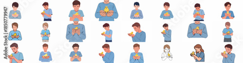 Collection of illustrations featuring young people tenderly holding a small yellow chick in their cupped hands, symbolizing care, childhood, and new life.