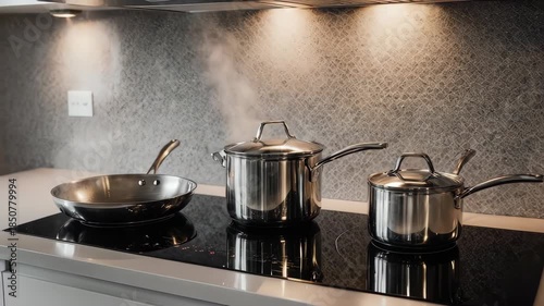 Modern Kitchen with Stainless Steel Pots on Induction Cooktop.