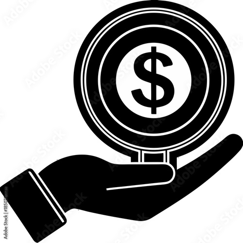 Money Hand Icon Silhouette: Currency Coin with Dollar Sign on an Open Palm