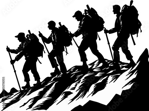 Mountain Hikers Climbing Silhouette Vector: Group Trekking Ascent on Peak Landscape