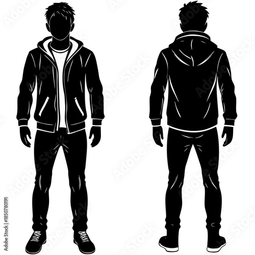 Urban Man Fashion Silhouette Vector: Front and Back View of Male Figure in Jacket and Jeans