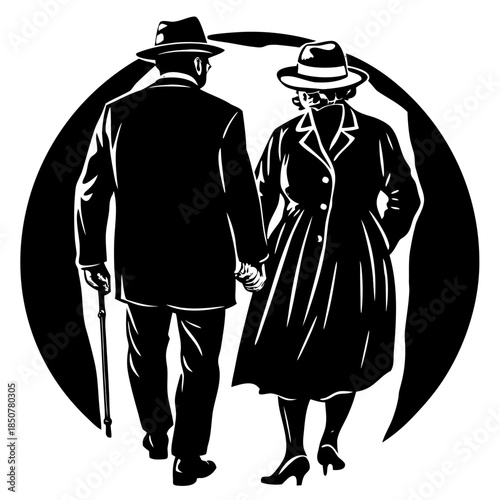 Senior Couple Silhouette Icon: Elderly Man and Woman Walking Hand in Hand with Cane