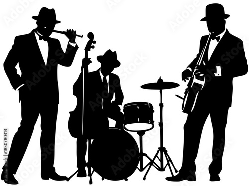 Jazz Band Trio Silhouette: Musicians Playing Saxophone, Drums, and Upright Bass