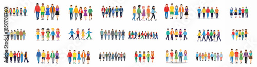 Set of colorful vector groups of diverse young people and teenagers walking and standing, representing friendship and social networks.