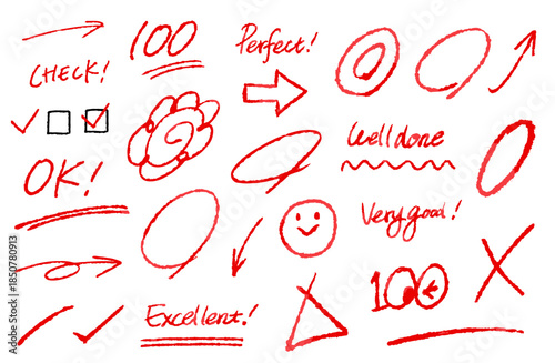 採点や書類確認のイラスト素材。手書きのチェックマーク、花丸、矢印、コメントのベクターアイコン。