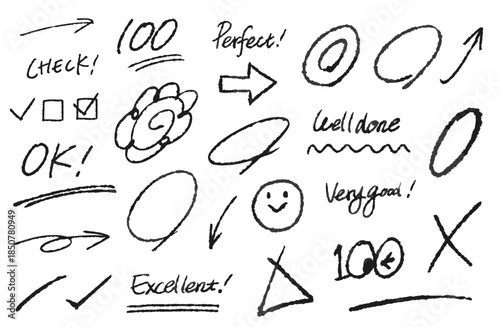 採点や書類確認のイラスト素材。手書きのチェックマーク、花丸、矢印、コメントのベクターアイコン。