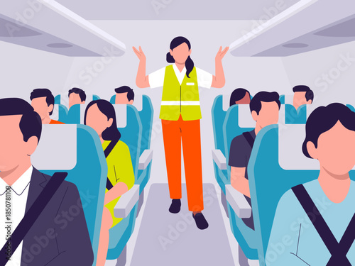 A flight attendant stands in an airplane aisle demonstrating safety procedures while passengers listen attentively, signifying commitment to safety during air travel.