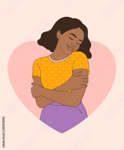 A smiling woman is gently embracing herself, portraying self-love and inner happiness, against a soft heart-shaped background, embodying confidence and positivity.