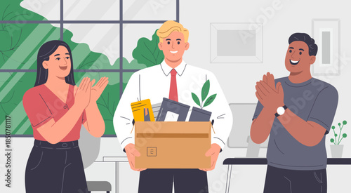 A cheerful scene displaying colleagues celebrating a coworker's success as he holds a box of office supplies, showcasing camaraderie and support in the workplace.