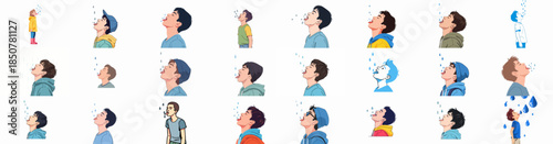 A compilation of diverse cartoon characters looking up, catching falling raindrops on their tongues, symbolizing joy and playfulness during rainfall.