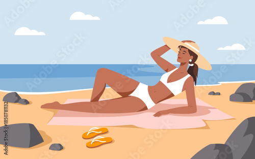 A relaxed illustration of a woman sunbathing on a beach with a big sun hat, enjoying the sun by the water, embodying leisure, beauty, and the essence of a summer day.