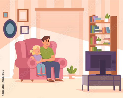 A heartwarming scene of a father and daughter sitting closely together on a pink sofa, enjoying a moment of bonding while watching TV, emphasizing family connection and love.