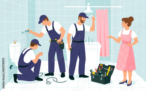 A busy bathroom scene with professional plumbers working diligently on repairs, showcasing teamwork and expertise in home maintenance and the importance of functional amenities.