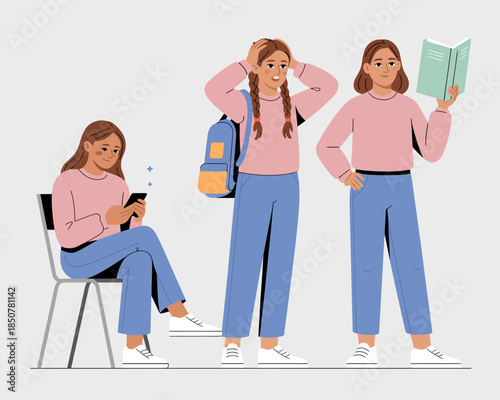 This illustration captures three young girls in various poses and expressions, showcasing their personalities and styles, reflecting the joy and dynamics of youth and friendship.