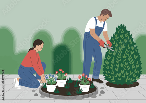 A cheerful gardener tending to plants in pots while another works on pruning a large bush, showcasing the joy of gardening and nurturing nature in a vibrant outdoor setting.