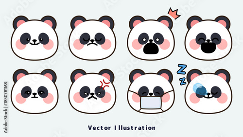 Cute panda face emoji set showing various emotions such as happy, sad, angry, surprised and sleeping. Simple flat vector illustration suitable for stickers, chat apps, UI and graphic design.