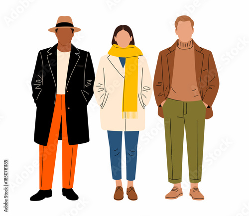 A trio of fashionable individuals confidently stand side by side, showcasing their unique styles in trendy outfits that blend contemporary fashion with individual expressions and confidence.