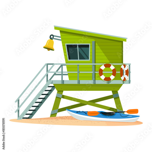 This image showcases a colorful lifeguard station by the beach, highlighting safety features like a bell, kayak, and life rings amid a sunny coastal setting.