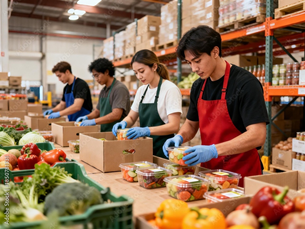 Naklejka premium Workers packing fresh produce in warehouse