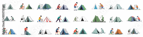 Collection of vector illustrations showing people setting up camping tents, hammering tent pegs, and preparing for outdoor adventure and recreational trips.
