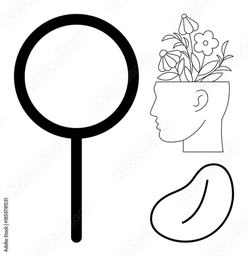Magnifying glass, outlined human head with flowers growing, seed outline. Ideal for growth, creativity, discovery, mental health, nature self-improvement mindfulness. Simple flat metaphor