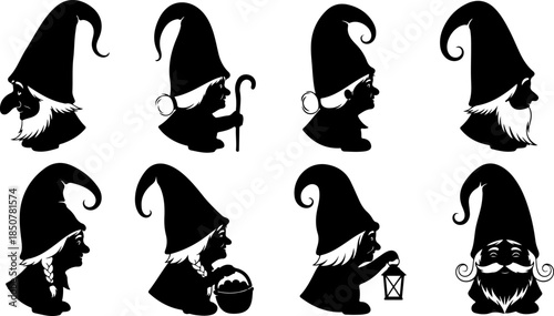 Gnome Silhouette SVG Bundle – Cute Scandinavian Gnomes with Hats and Lanterns, Christmas & Fantasy Clipart