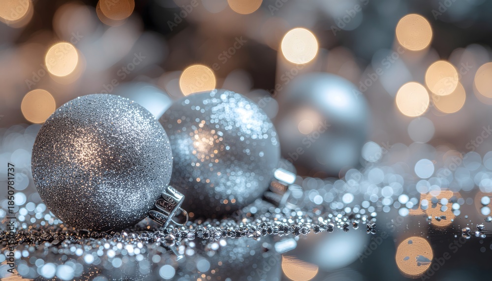 Fototapeta premium Christmas background with silver ornaments blur