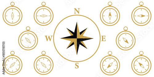 Compass icon set for direction and navigation. Vector illustration of magnetic compasses in outline, solid. Vintage compass rose illustration with cardinal directions. Compass icon for mobile apps set
